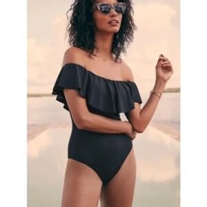 Trina Turk One Piece Swimsuit 6 Black Ruffle Flounce Neck Swimwear